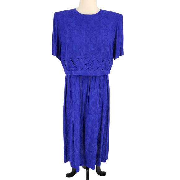 SALE 80s 90s Vintage Strong Shoulder Separates Look Embroidered Blue Dress SZ 10 - Picture 1 of 8